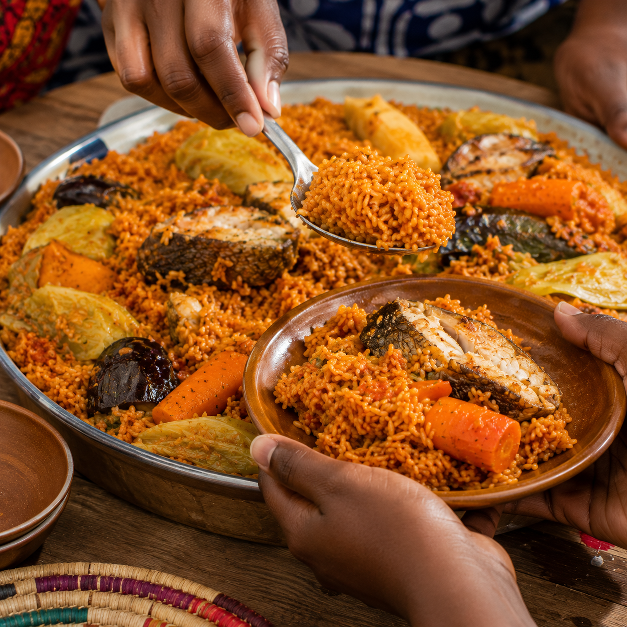 mains servant riz orangé thiéboudienne plat commun