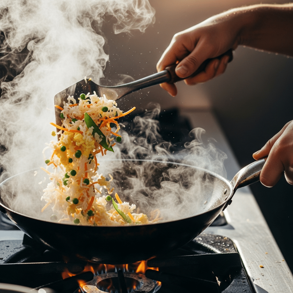 mains tenant spatule faisant sauter riz cantonais wok chaud fumant geste vif précis cuisson wok