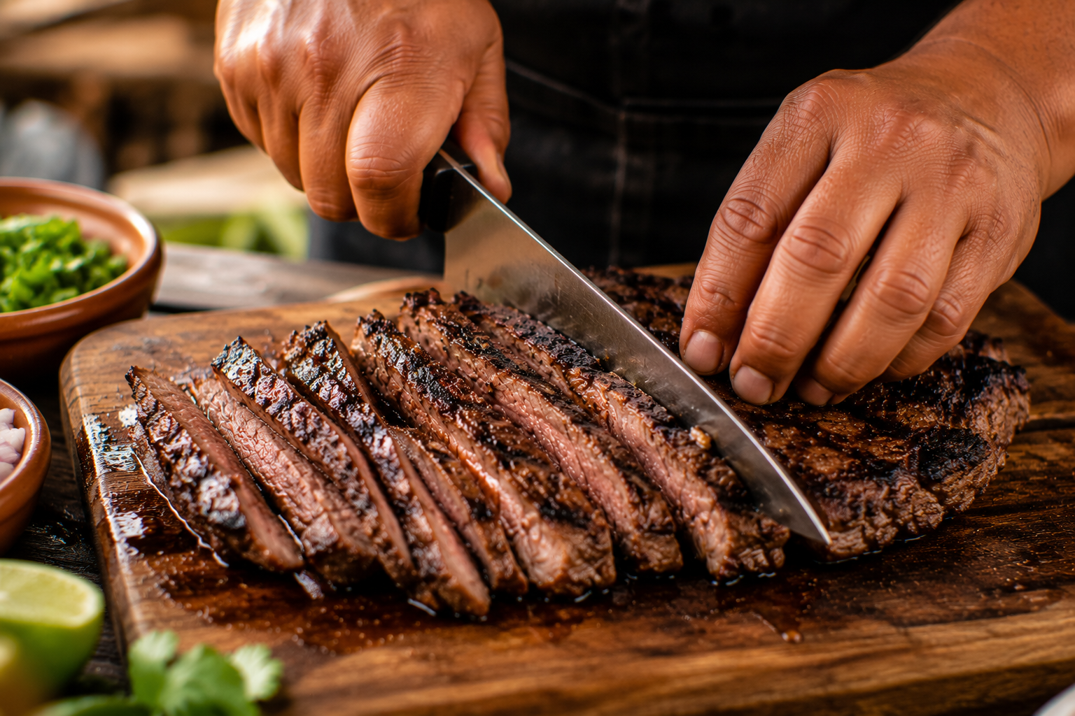 mains tranchant viande grillée carne asada couteau geste précis