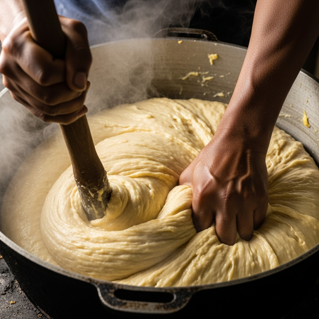 mains travaillant énergiquement pâte manioc grande casserole geste vigoureux répétitif préparation fufu vapeur