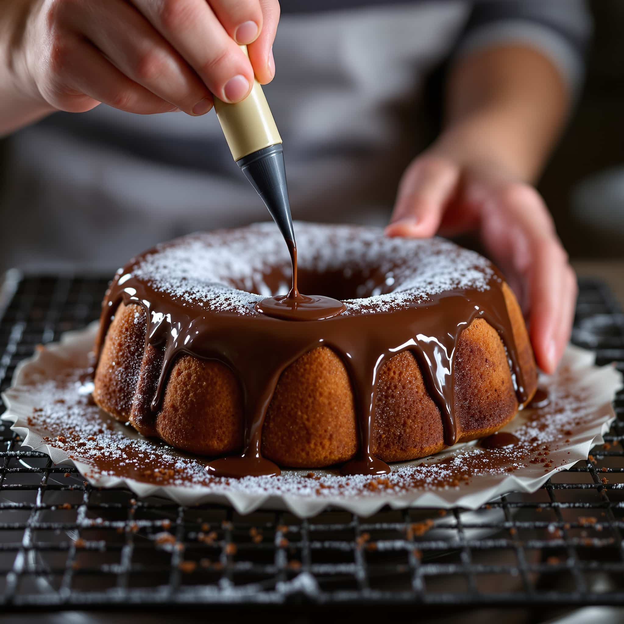 mains versant glaçage chocolat chaud brillant sachertorte grille chocolat coule bords geste pâtissier précis