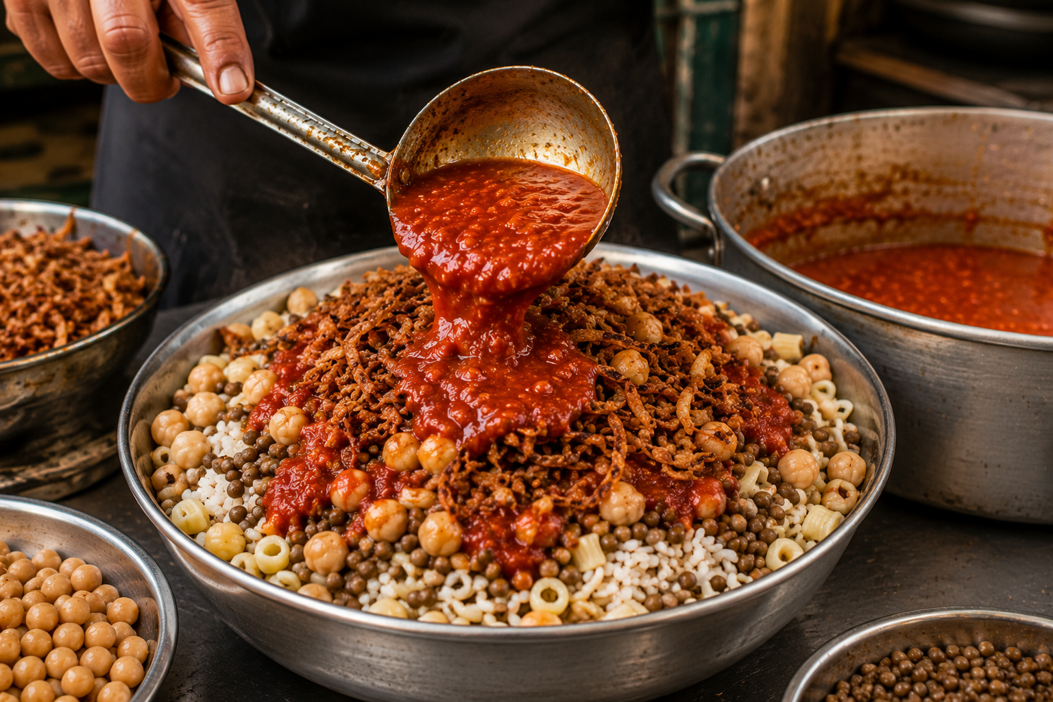 mains versant sauce tomate épicée koshary égyptien