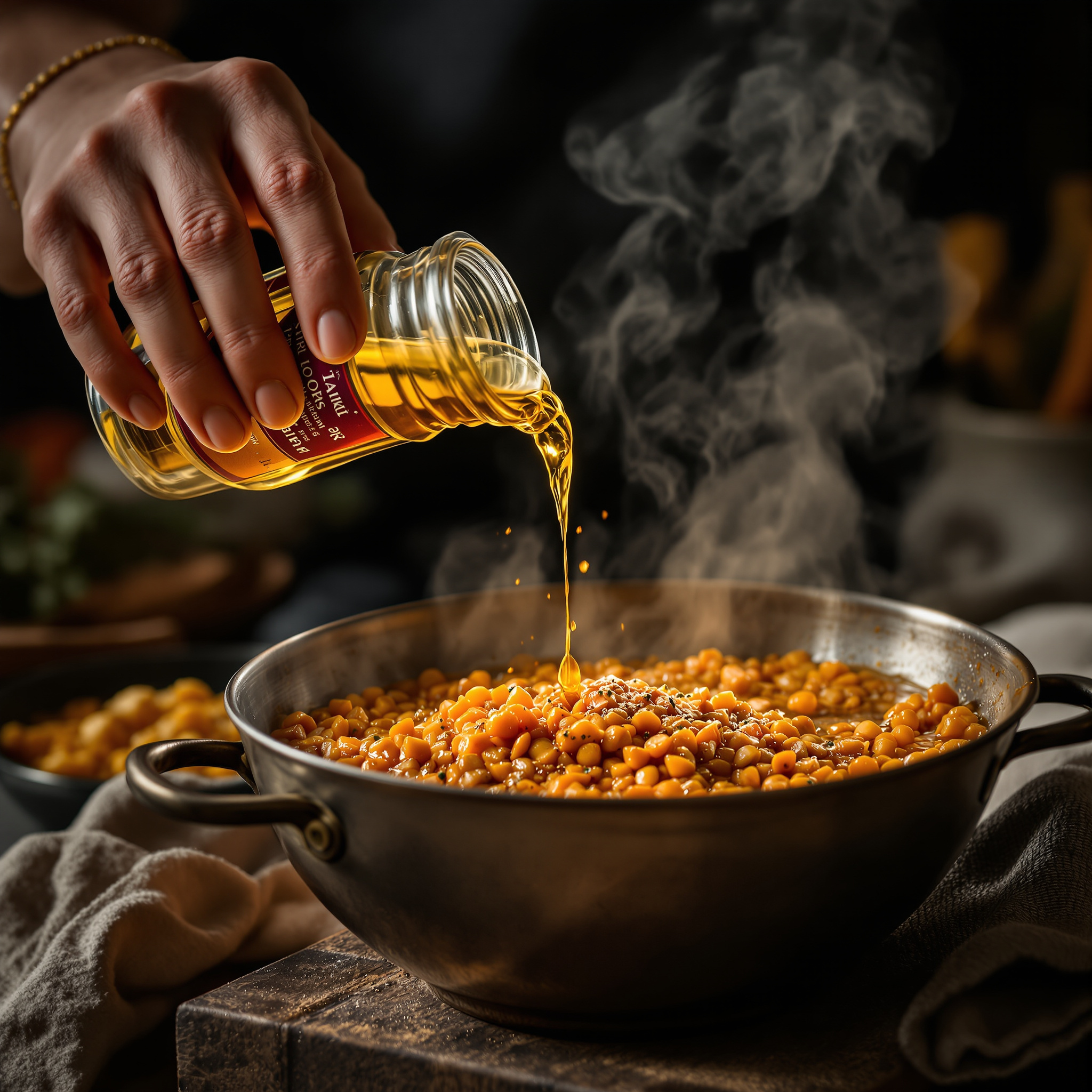 mains versant huile tarka épices grillées bol dahl indien cumin graines vapeur
