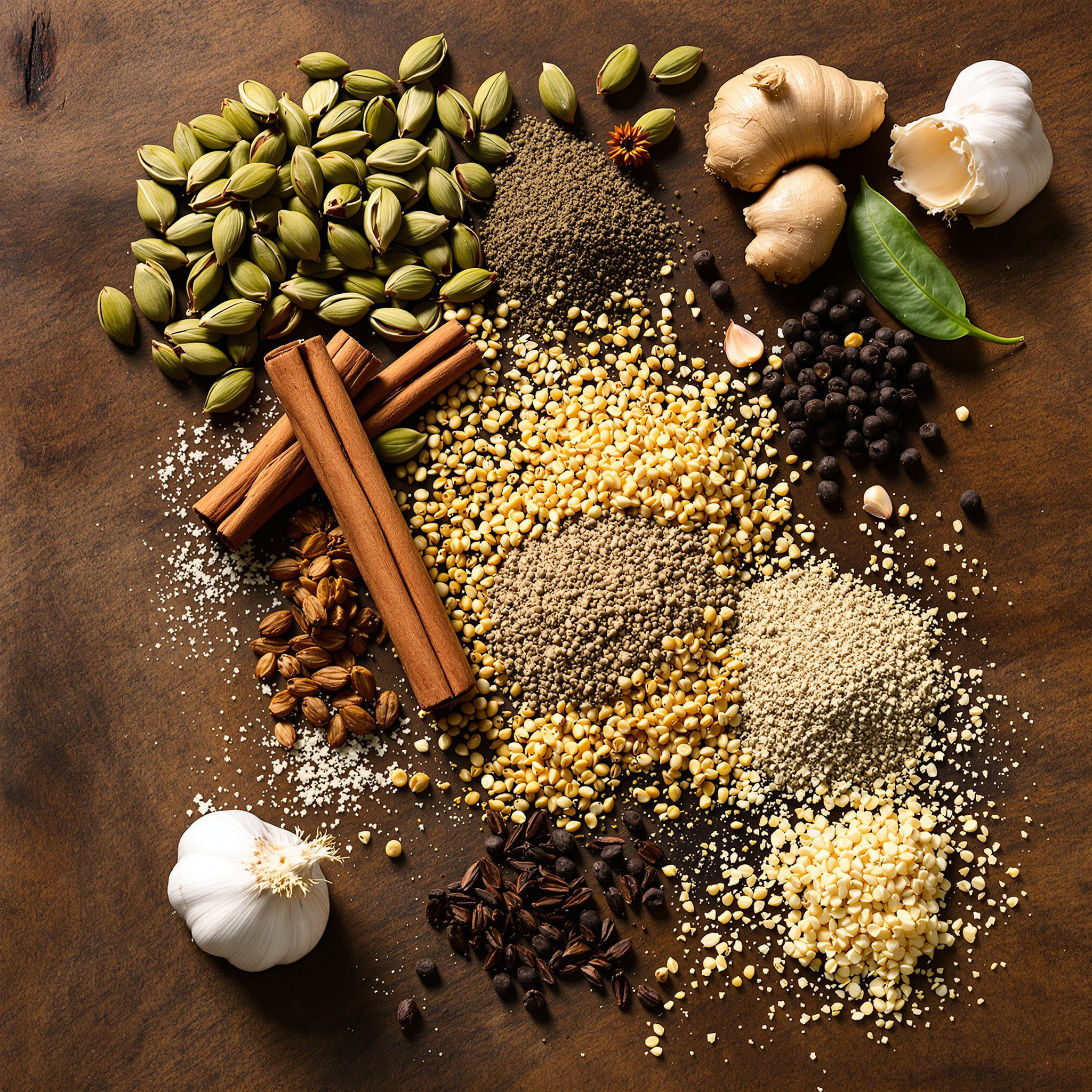 mise en place épices pilau kenyan cardamome verte cannelle clous girofle cumin poivre ail gingembre surface bois