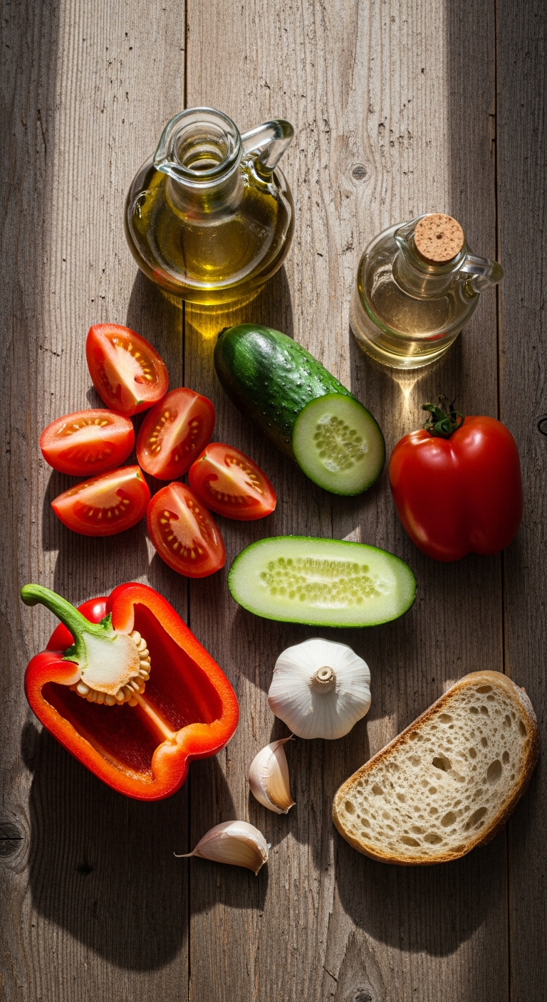 mise en place gazpacho tomates concombre poivron ail préparation