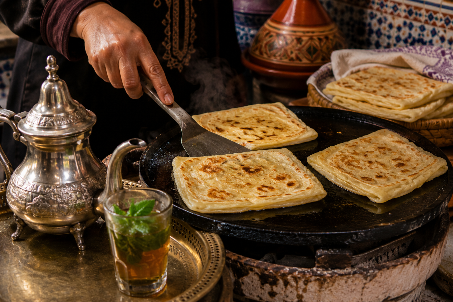 msemen plancha thé à la menthe Maroc tradition