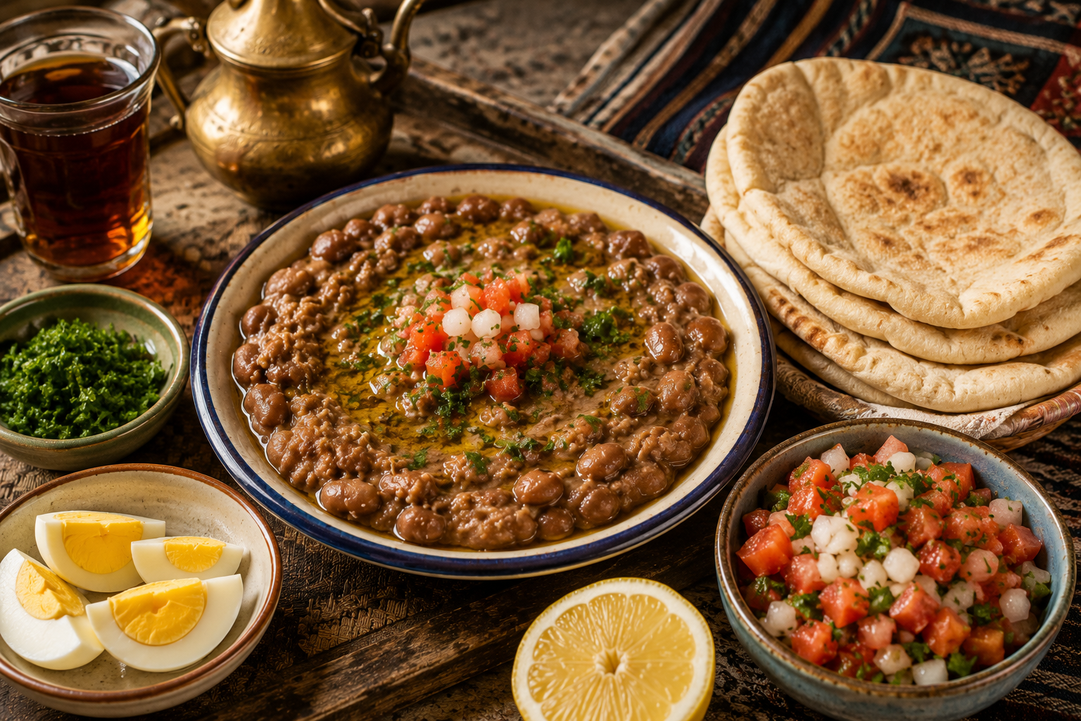 petit-déjeuner égyptien complet ful medames pain œuf