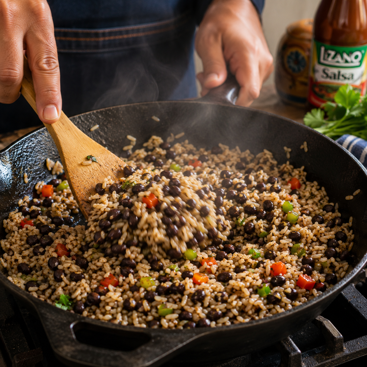 mains mélangeant gallo pinto riz haricots noirs poêle fonte spatule