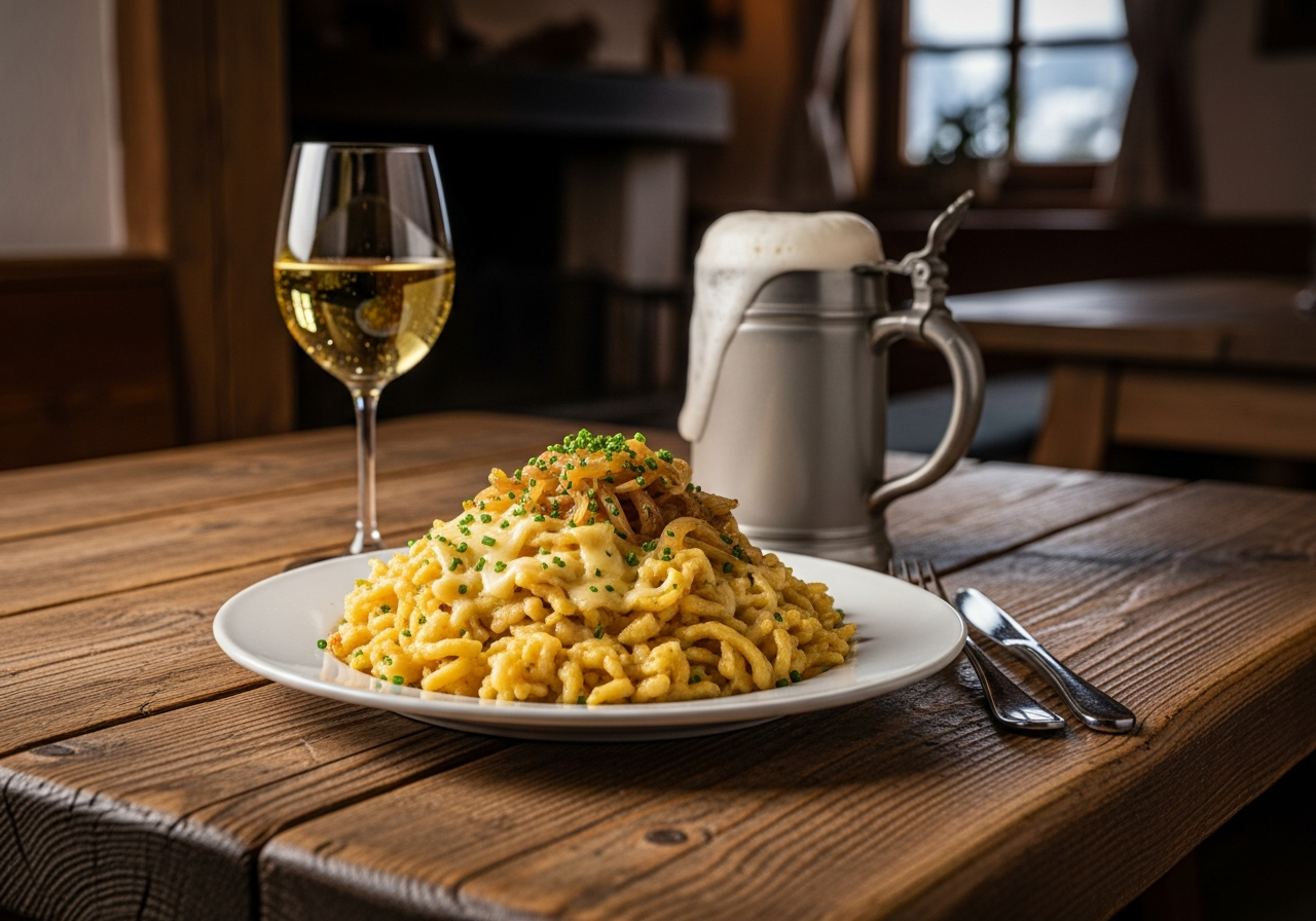 plat käsespätzle table montagne bière vin blanc Alsace