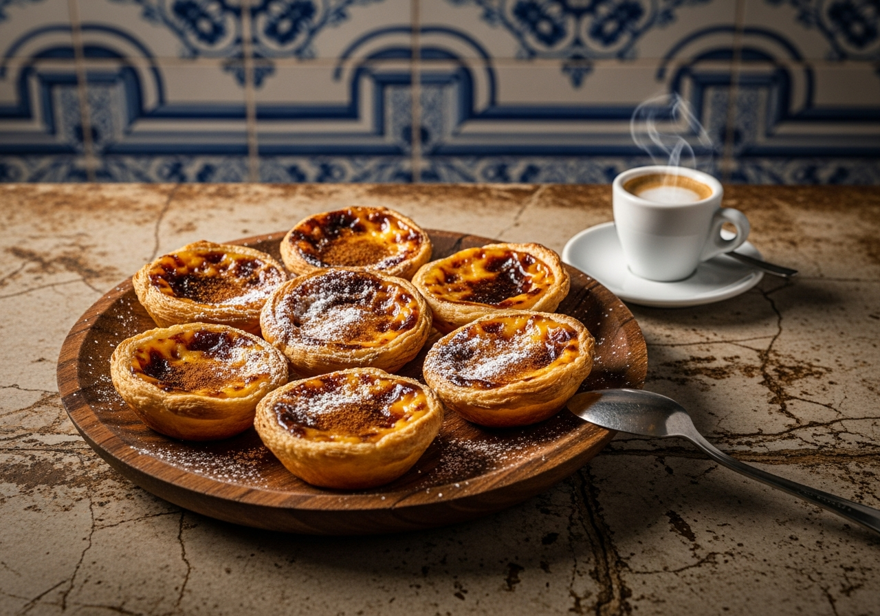 plateau pasteis de nata comptoir pastelaria Lisbonne azulejos expresso