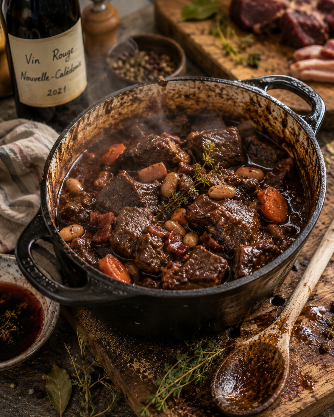 mains ajoutant herbes dans cocotte daube cerf mijotee sauce vin rouge