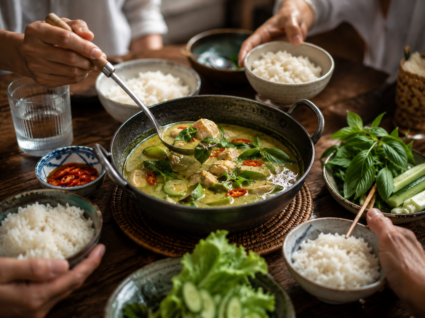 repas thai partage table curry vert lait coco riz jasmin