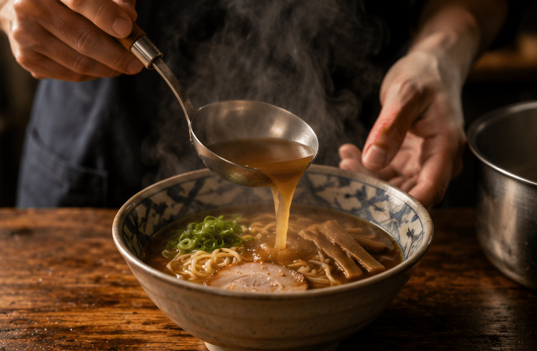 mains versant le bouillon miso dans un bol de ramen, cuisine japonaise maison