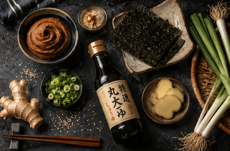 ingrédients du ramen miso disposés sur une surface en ardoise — miso, nori, gingembre, sauce soja