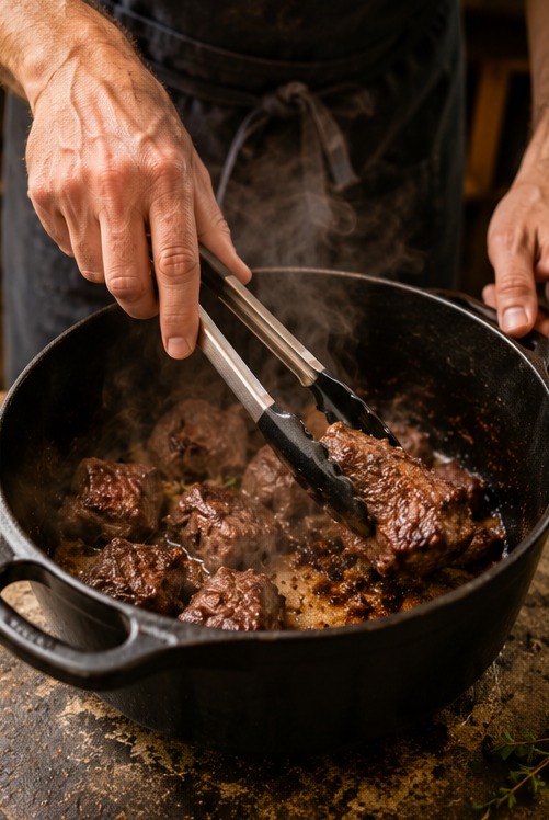 boeuf bourguignon traditionnel mijote cocotte fonte vin rouge légumes lumière naturelle 
