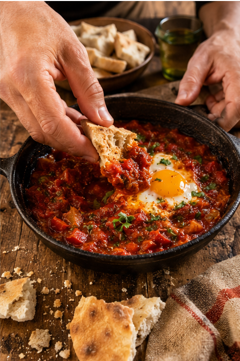 La recette shakshuka maison en 30 minutes : oeufs pochés dans une sauce tomate épicée aux poivrons. Simple, savoureux, vegetarien.