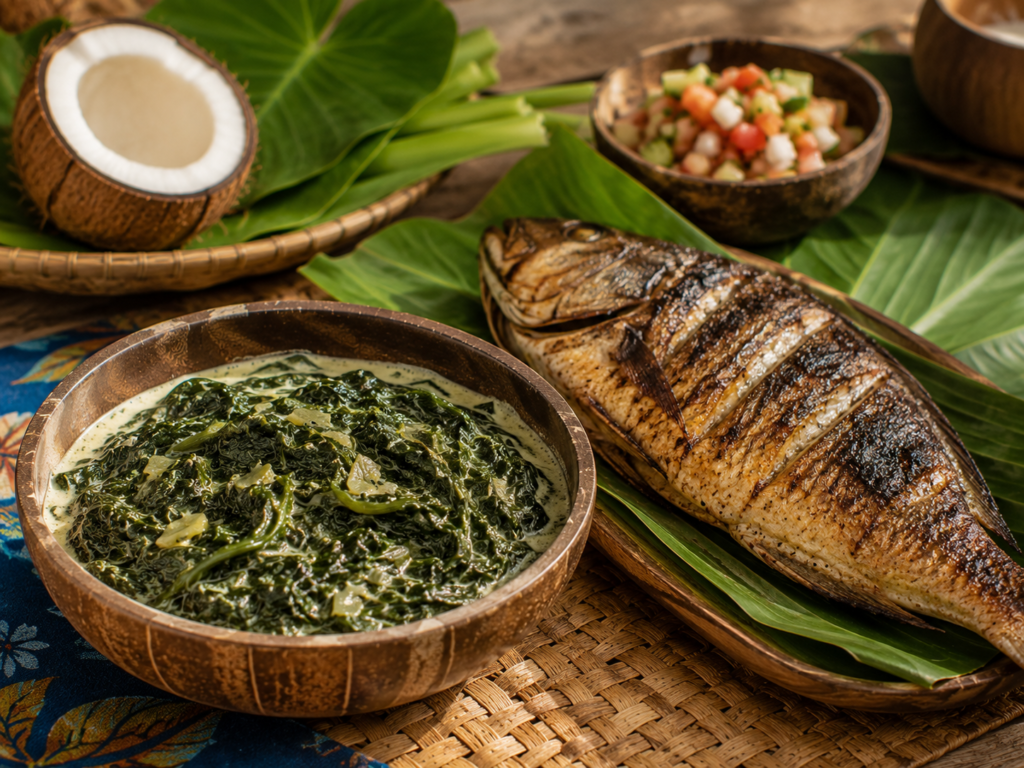 bol de rourou servi à côté d'un poisson grillé entier, présentation typique d'un repas fidjien complet