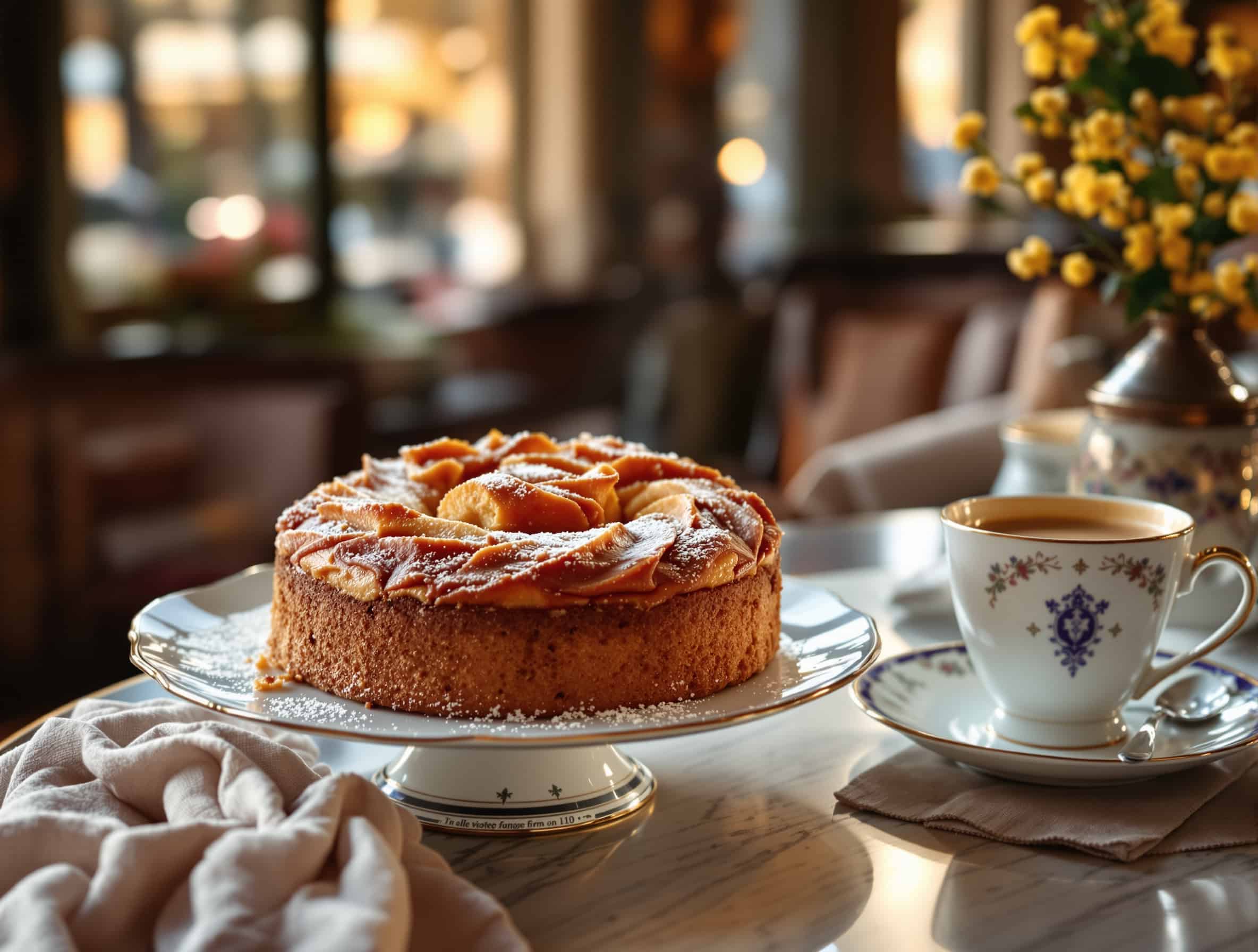 sachertorte entière présentoir élégant café viennois tasse porcelaine mokka ambiance pâtisserie viennoise