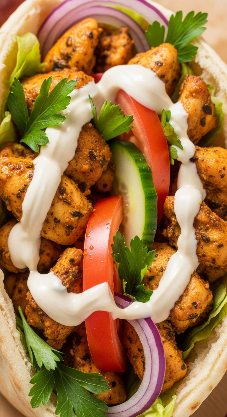 shawarma poulet ouvert pita viande épices sauce toum garnitures