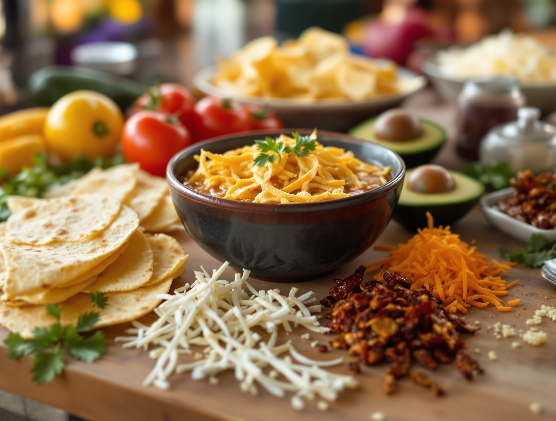 ingrédients sopa de tortilla mise en place tomates avocat fromage tortillas cuisine mexicaine