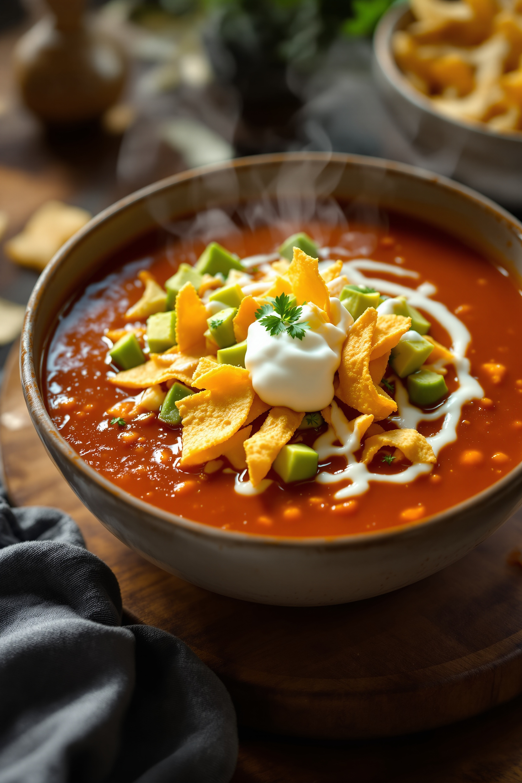 sopa de tortilla mexicaine garnie lanières croustillantes avocat fromage crème