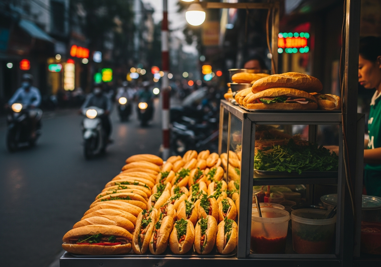 stand bánh mì rue Hanoi Vietnam street food atmosphère asiatique
