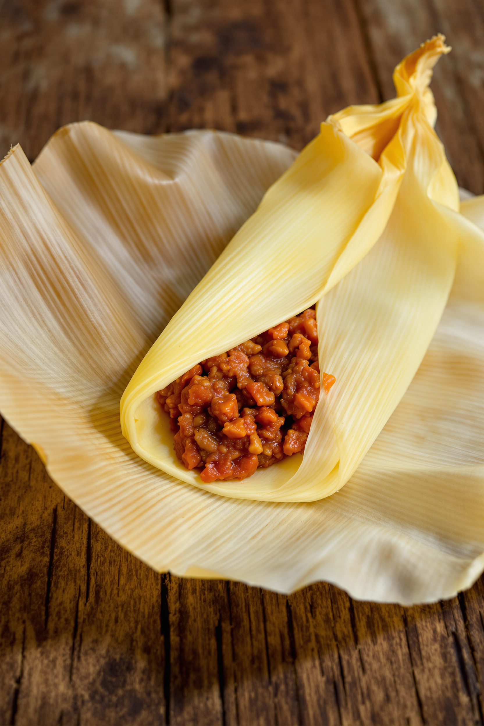 tamale mexicain ouvert pâte de maïs moelleuse farce viande sauce feuille de maïs
