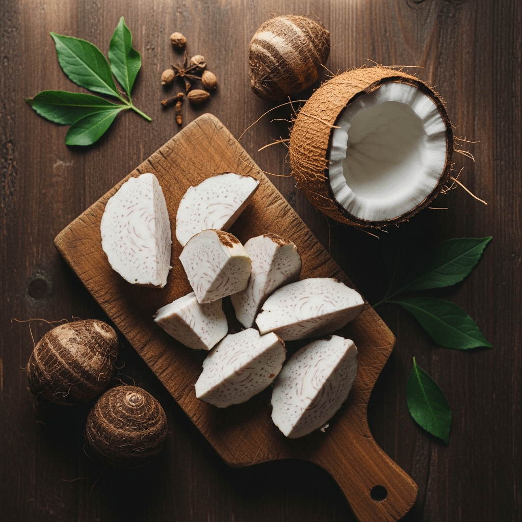 taro épluché coupé morceaux épais planche bois noix de coco ouverte ingrédients simples avant cuisson Wallis