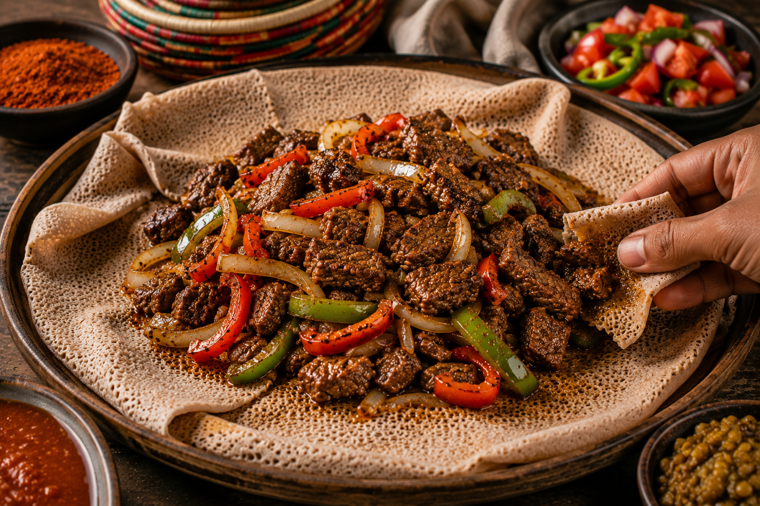 tibs bœuf injera plateau partagé Éthiopie