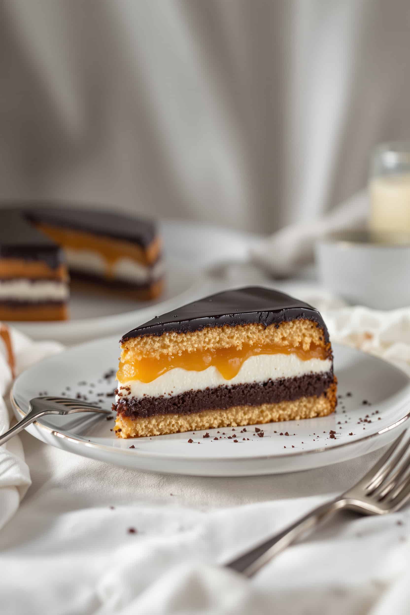 tranche sachertorte viennoise gros plan couches génoise chocolat confiture abricot glaçage brillant crème fouettée