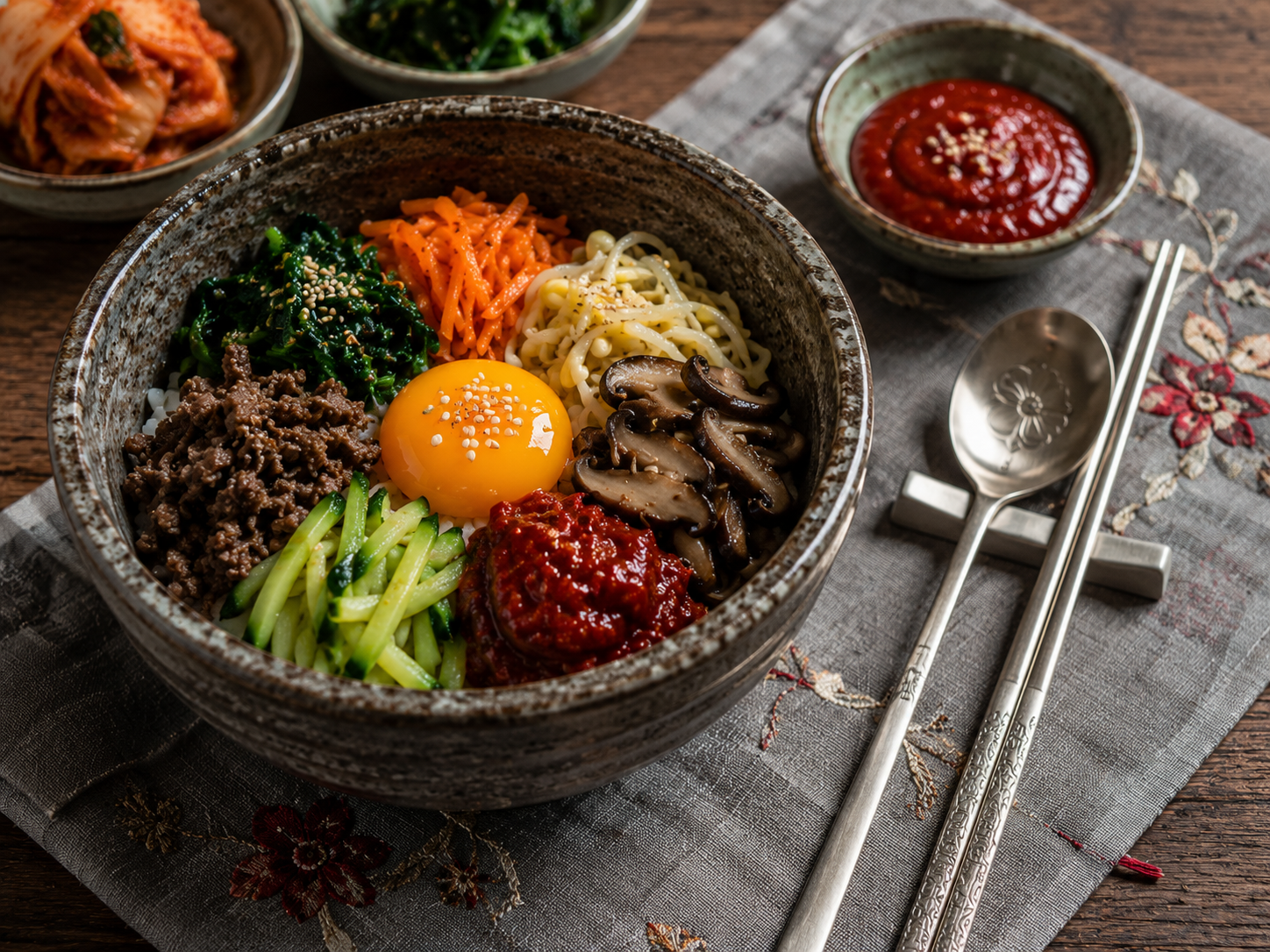 bol ceramique coreen baguettes metalliques sauce gochujang bibimbap