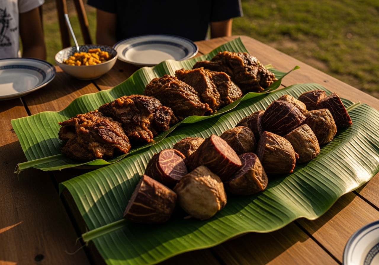 viande fondante taro servis feuilles bananier vertes rassemblement familial wallisien table extérieure lumière naturelle chaude Pacifique