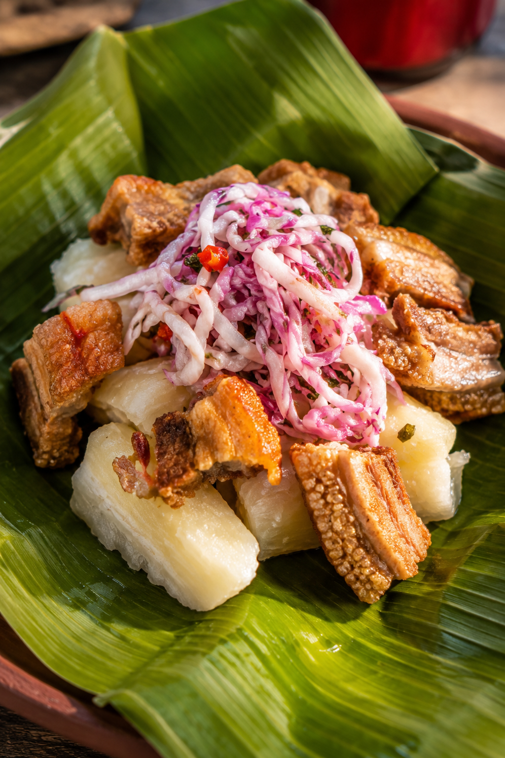 vigorón nicaraguayen yuca chicharrón salade de chou feuille de bananier