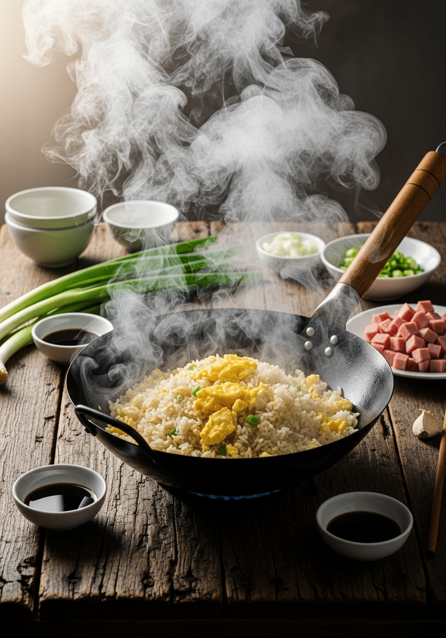 wok fumant riz cantonais sauté oeufs brouillés vapeur épaisse plan de travail ingrédients autour lumière naturelle chaude