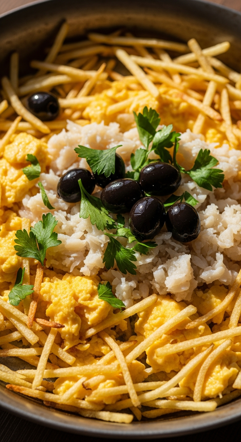 bacalhau à Brás morue effilochée oeufs brouillés pommes de terre paille