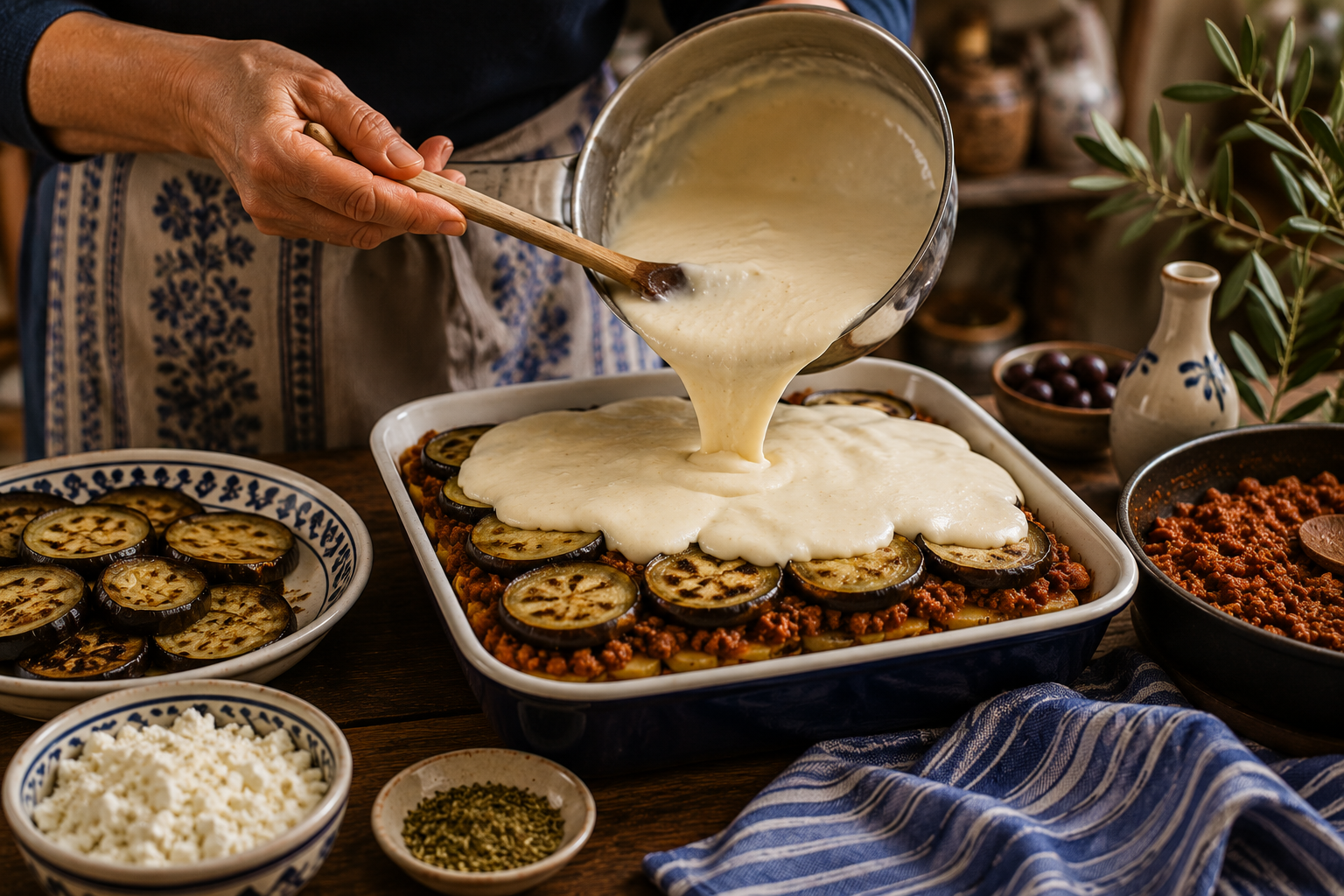 préparation moussaka grecque mains versant béchamel plat gratin couches aubergines viande