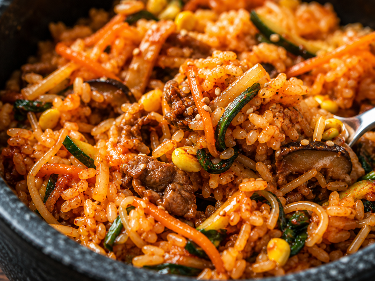 gros plan bibimbap coreen apres melange riz gochujang rouge legumes