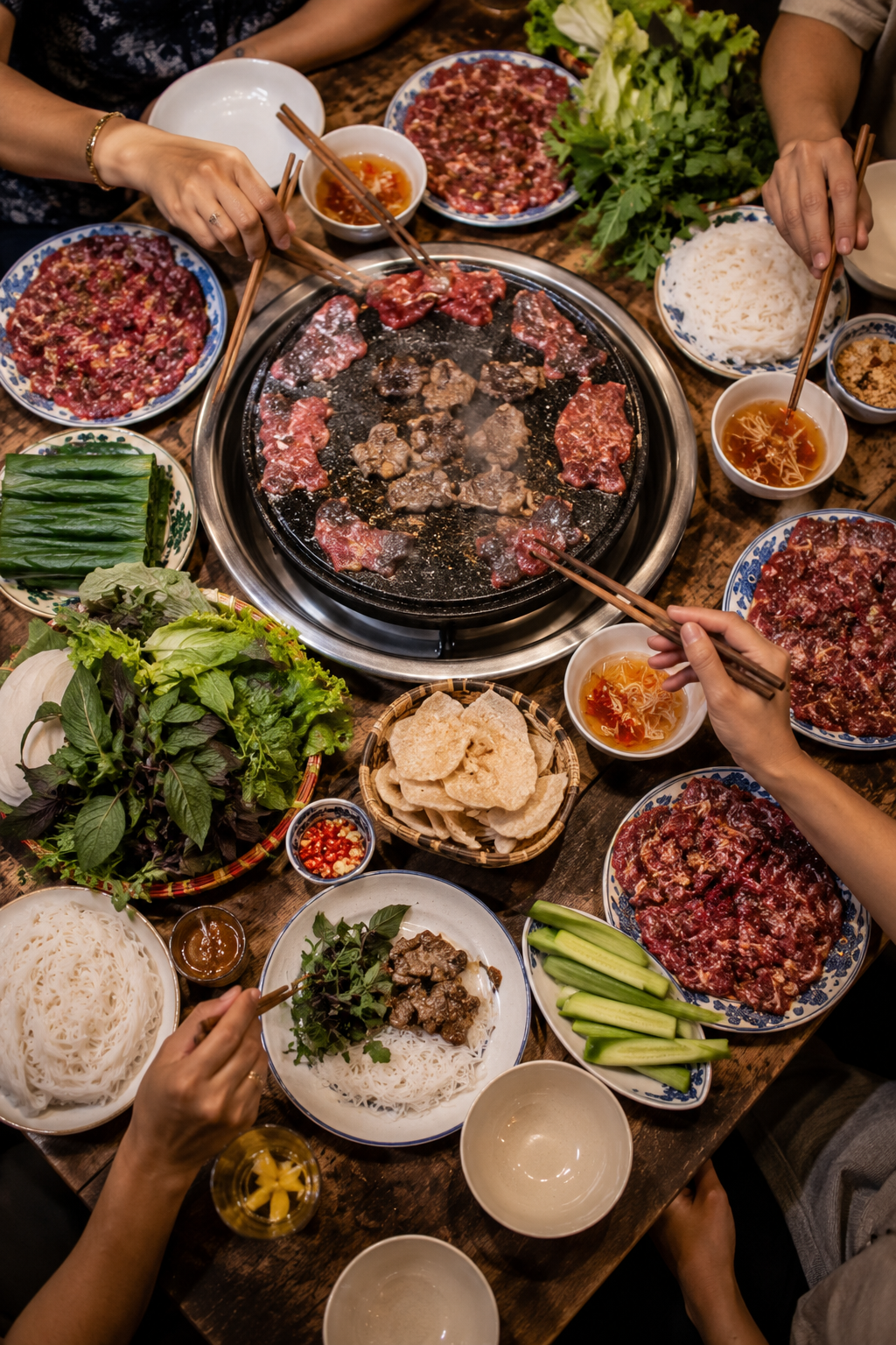 bo 7 mon vietnamien pierrade table fete boeuf herbes nuoc cham