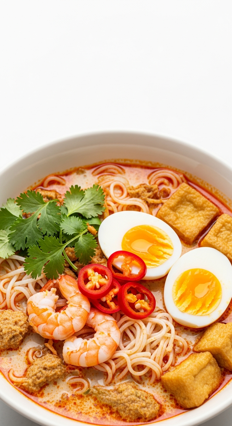 grand bol laksa malaisienne bouillon crémeux rouge-orangé lait de coco nouilles riz crevettes tofu frit oeuf dur herbes fraîches