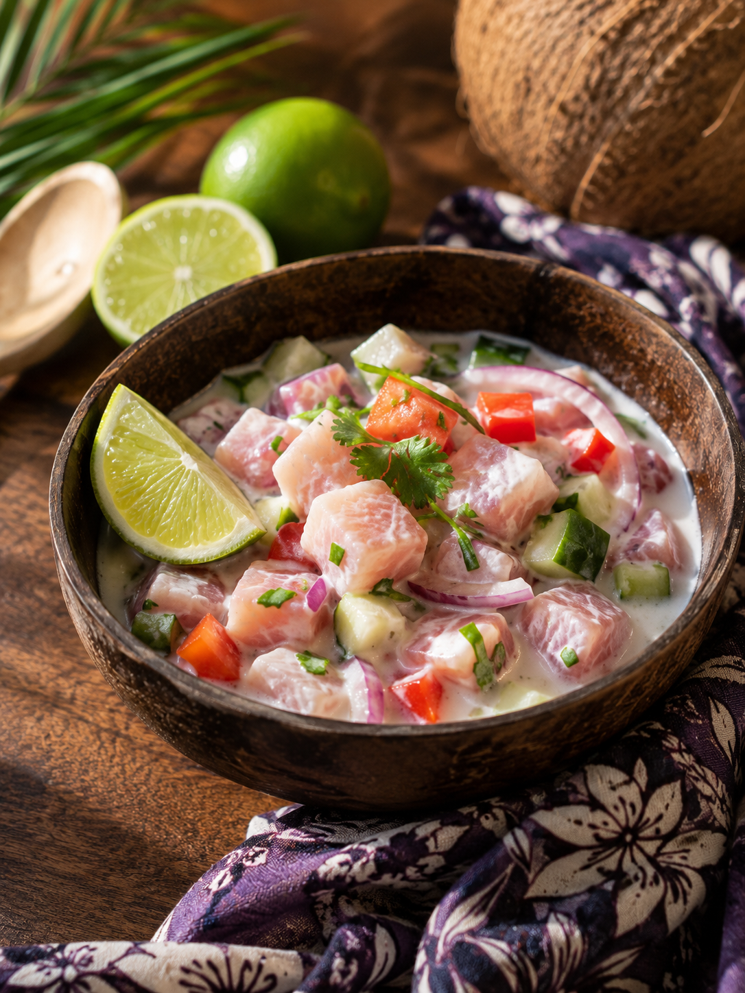 poisson cru tahitien bol lait de coco citron vert dés thon légumes Pacifique
