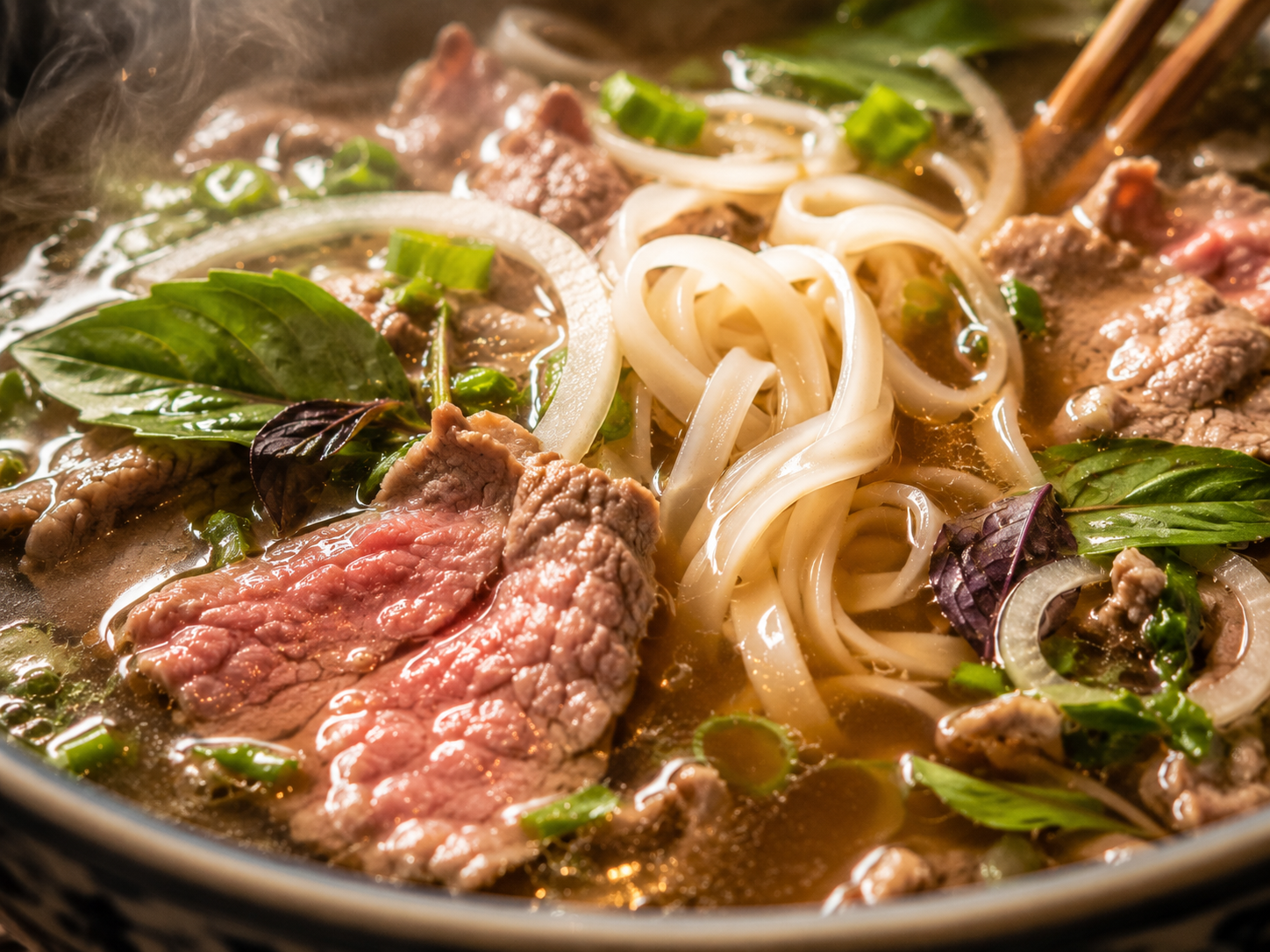 gros plan bouillon pho bo vietnamien amber vapeur nouilles riz