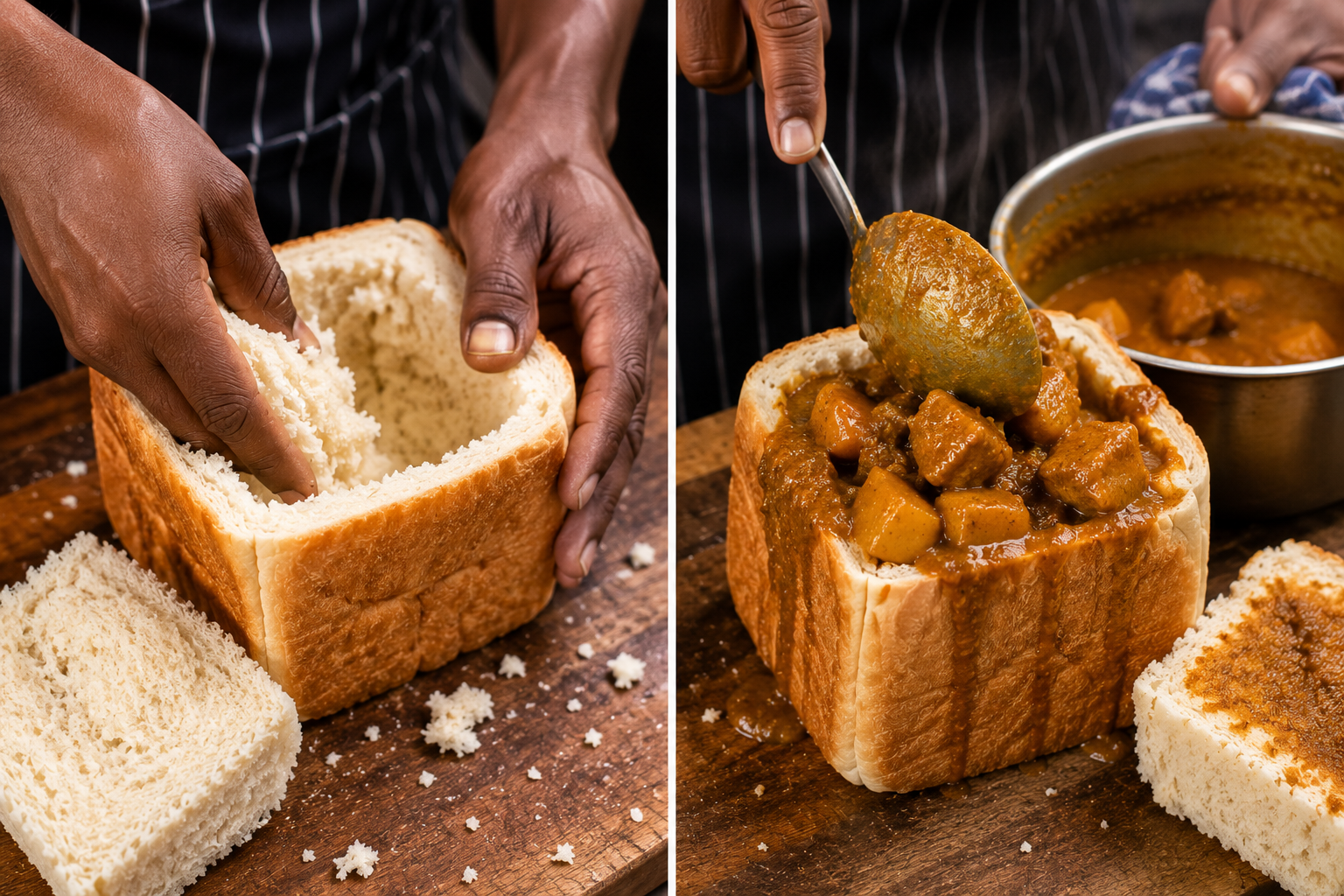 mains qui creusent la miche de pain pour preparer bunny chow durban