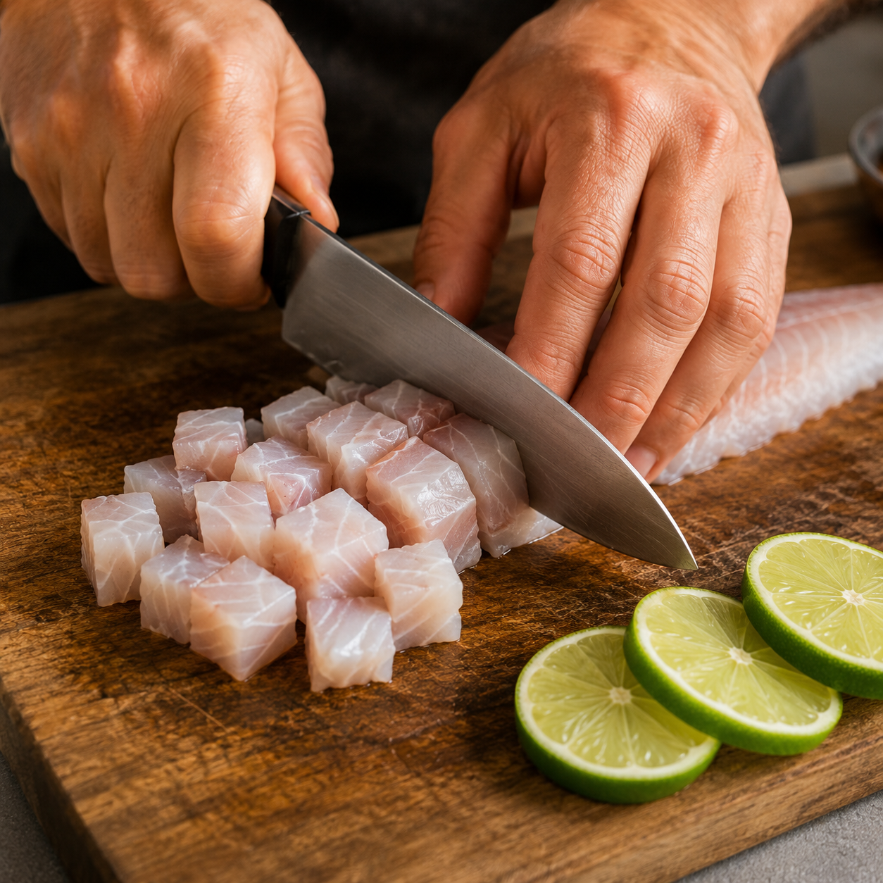 mains coupant filet de daurade fraiche en des pour ceviche maison planche bois lumiere naturelle