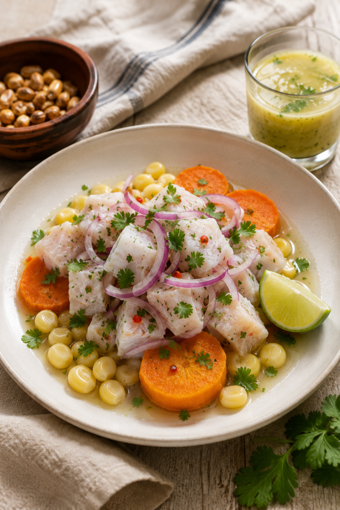 ceviche daurade servi assiette blanche citron vert patate douce mais ambiance Perou table naturelle