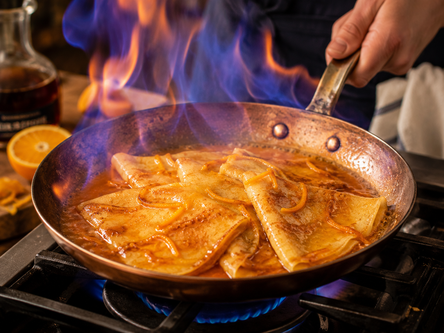 flambage crepes suzette grand marnier sauce orange poele