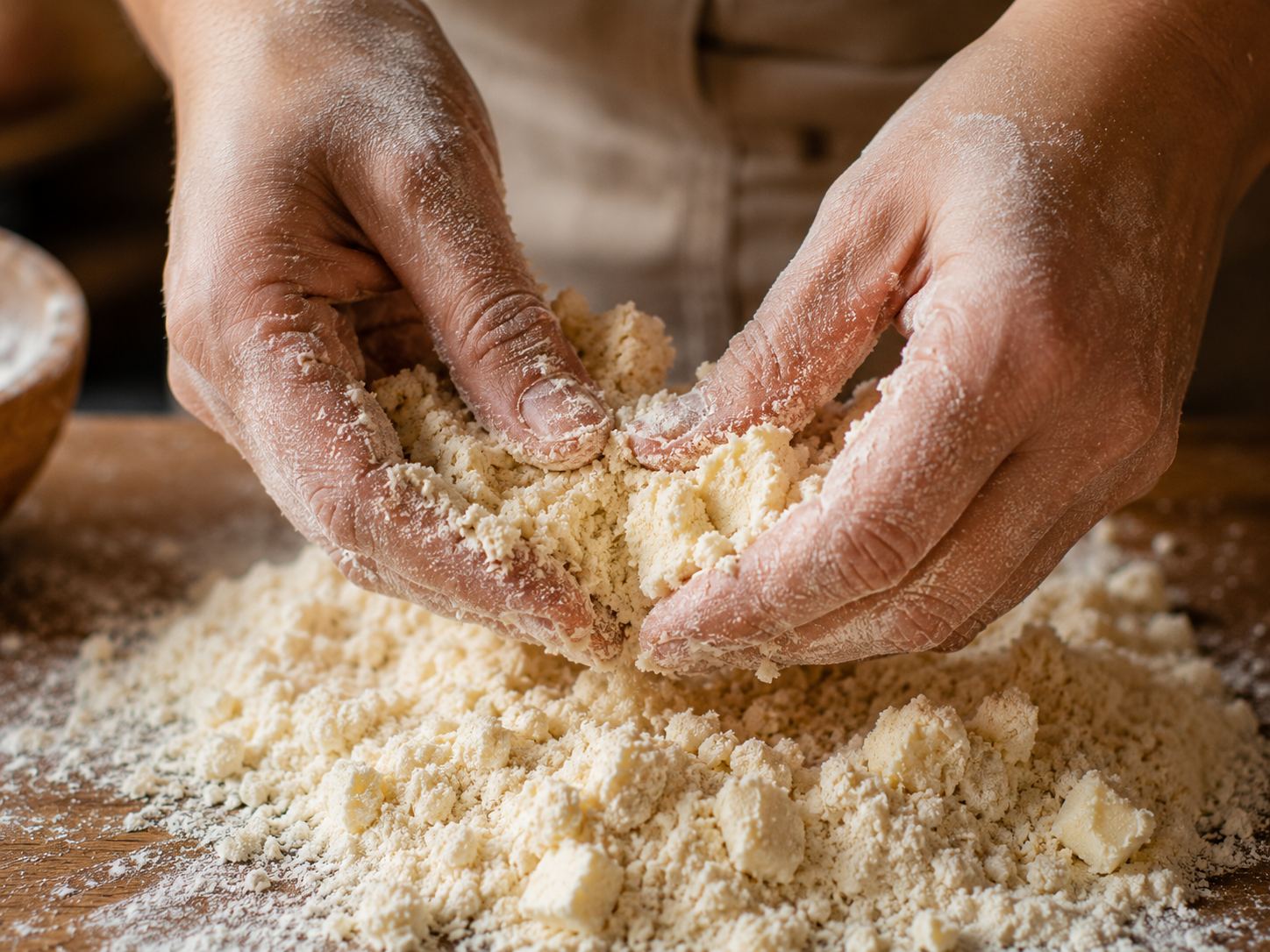 mains qui sablent le beurre dans la farine pour crumble miettes