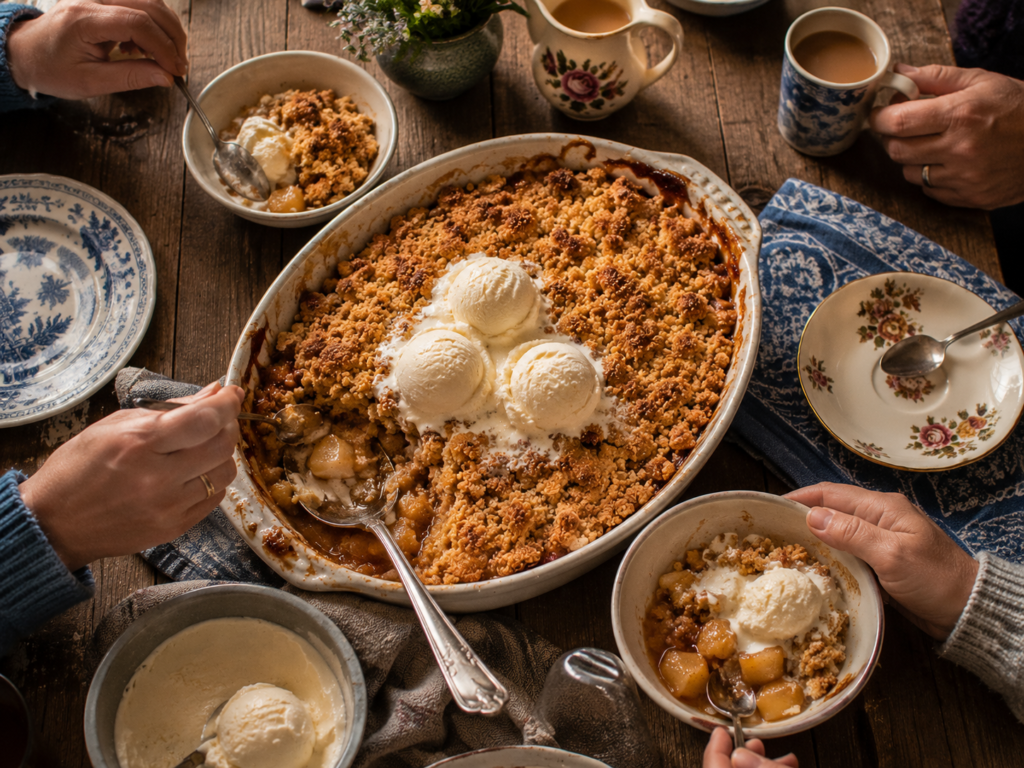crumble pommes table partage famille dessert britannique