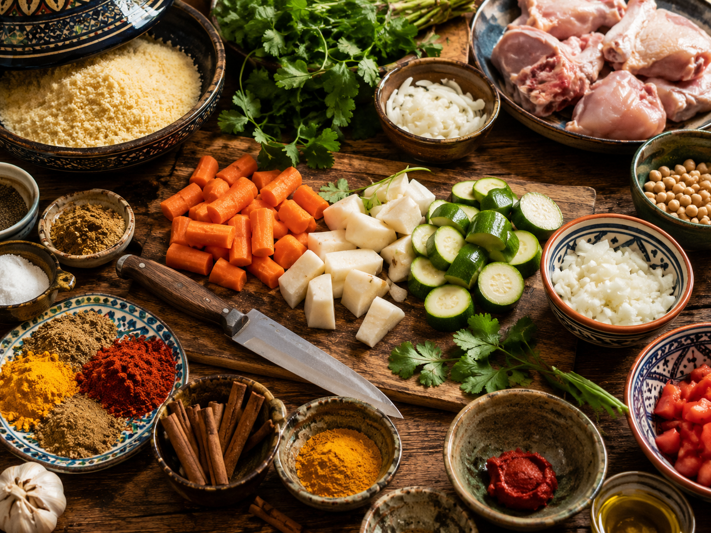 preparation couscous marocain legumes epices plan de travail