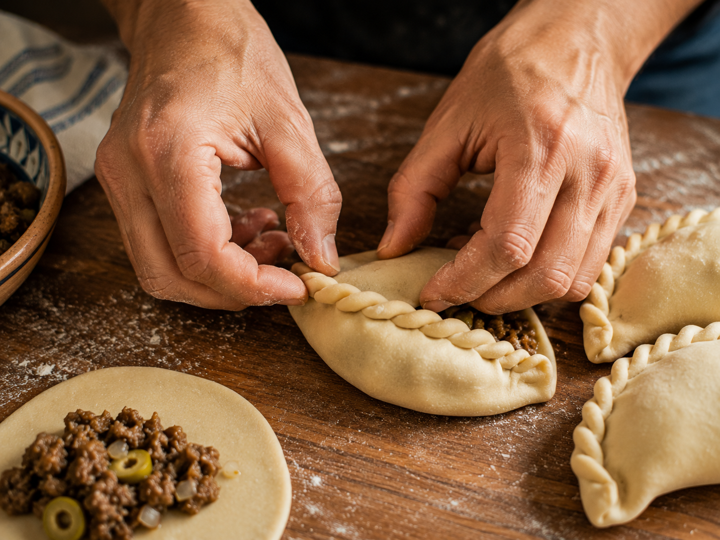 mains qui font le replegue torsade sur une empanada argentine maison