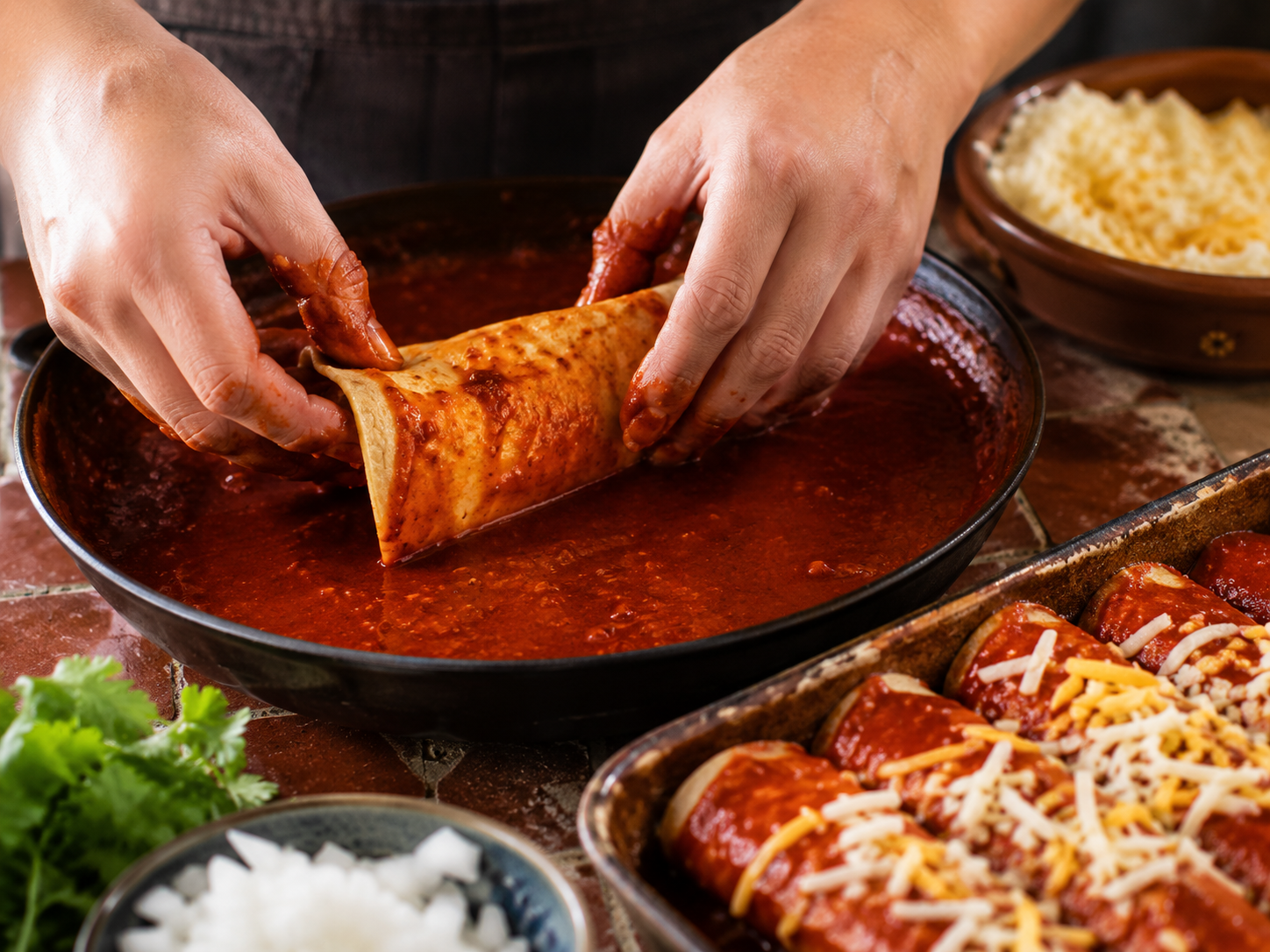 mains qui roulent une enchilada tortillas sauce rouge fromage mexicain